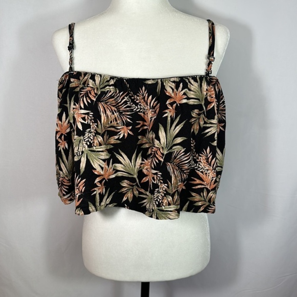 American Eagle Black Floral & Plant Crop Strapless Tank Top